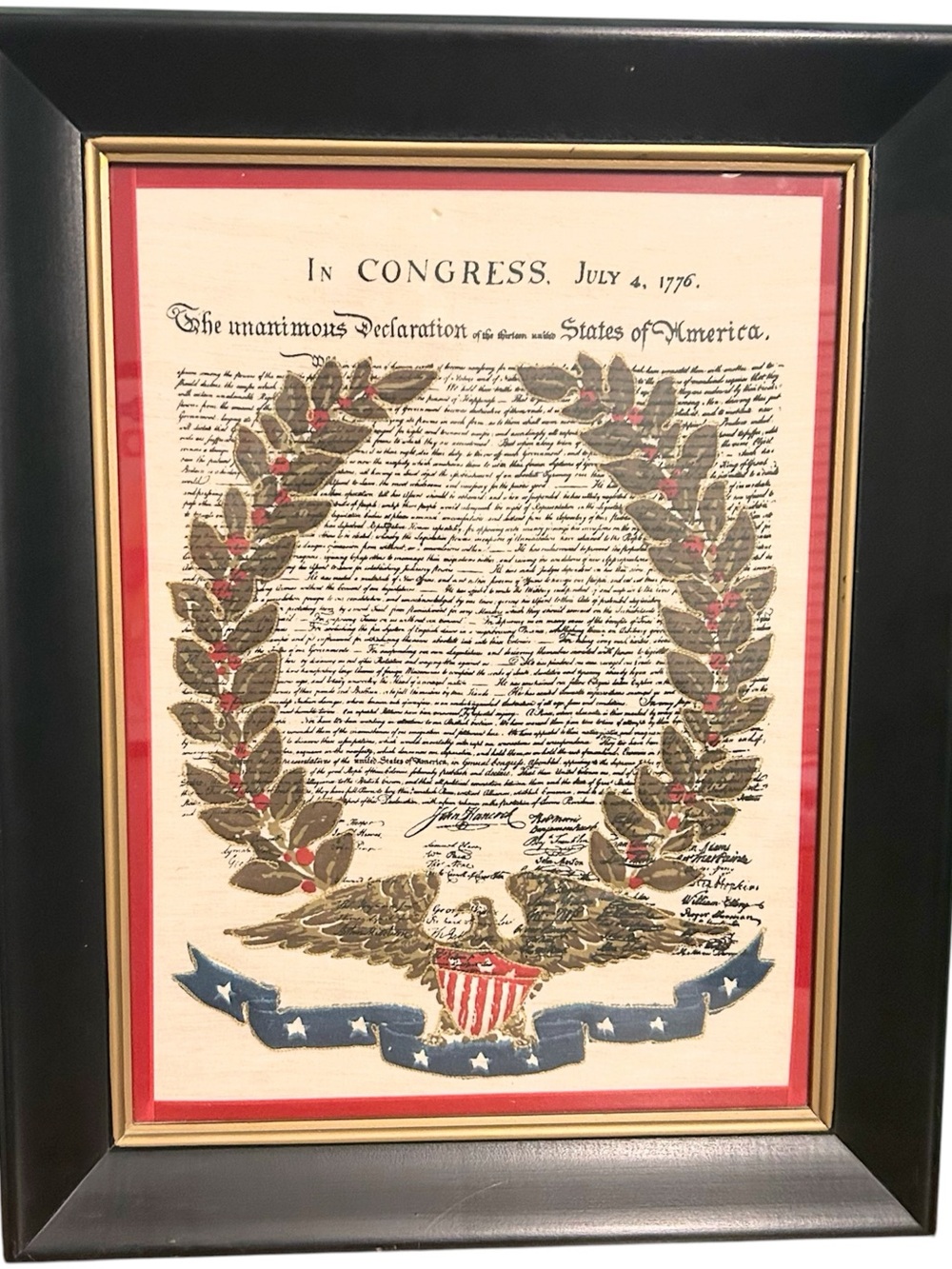 Vintage Fabric Embroidered Declaration of Independence Framed Ethan Allen